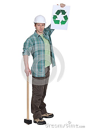 Tradesman promoting recycling Stock Photo