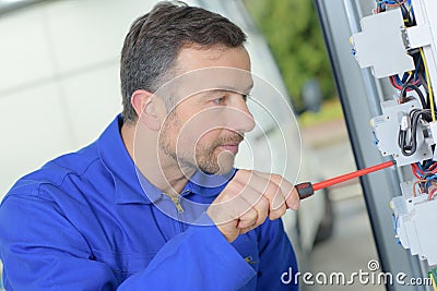 Tradesman repairing distribution board Stock Photo