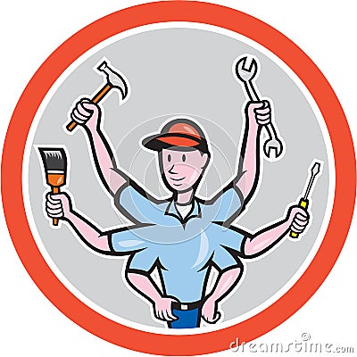 Tradesman Worker Six Hand Cartoon Vector Illustration