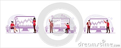 Tradewoman analyzes index, worker celebrates selling of rising stocks and chooses between selling or buying. Vector Illustration