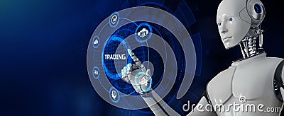 Trading automation robot forex financial technology concept. Robot pressing virtual button 3d render illustration Cartoon Illustration
