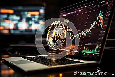 Trading Bitcoin Computer screen displays Bitcoin with a dynamic trading graph Stock Photo