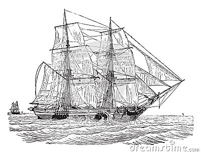 Trading brig as close to the wind, vintage engraving Vector Illustration