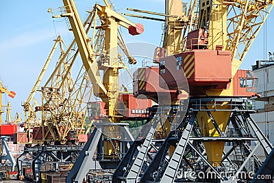 The trading seaport with cranes and ships Stock Photo