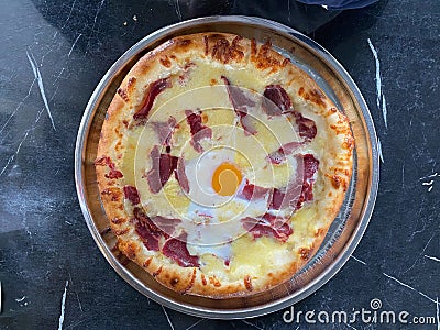 Traditinal Turkish Cuisine Pide with Karadeniz Cheese and Pastirma or Pastrami. Turkish Pizza Stock Photo