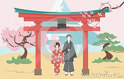 Tradition japan style lovely married couple walking through gate ceremony, landscape mount fuji and national park flat Vector Illustration