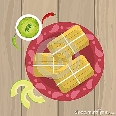 Traditiona mexican food with avocado sauce Vector Illustration