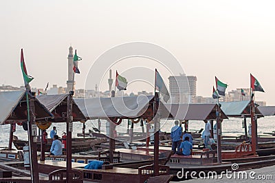 Traditional Abra ferries at the creek in Dubai, United Arab Emirates Editorial Stock Photo