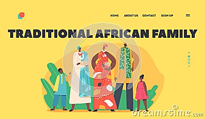 Traditional African Family Landing Page Template. Black Parents, Grandparents, Kids Characters in Native Clothes Vector Illustration