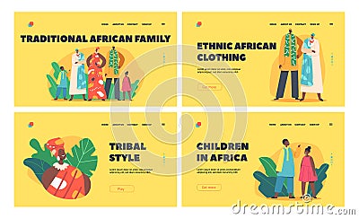 Traditional African Family Landing Page Template Set. Black Parents, Grandparents, Kids Characters in Native Clothes Vector Illustration