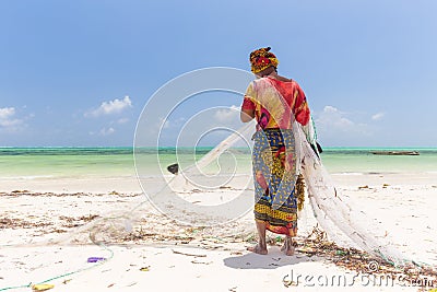 Traditional african local rural fishing on Paje beach, Zanzibar, Tanzania. Editorial Stock Photo