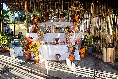 Traditional altar for day of the dead, dia de los muertos in Merida, Yucatan, Mexico Editorial Stock Photo