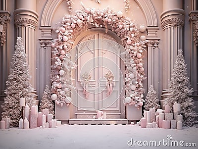 luxury creamy Christmas background with decorations and Christmas garland with golden and white balls on the sides, and white Stock Photo