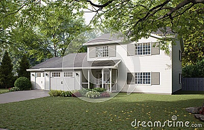 Traditional American home with two garages, a driveway and a large tree. Stock Photo