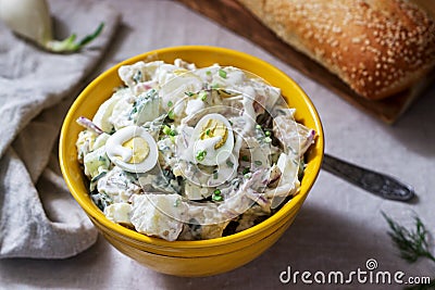 Traditional American potato salad with egg and mayonnaise, served with bread. Rustic style Stock Photo