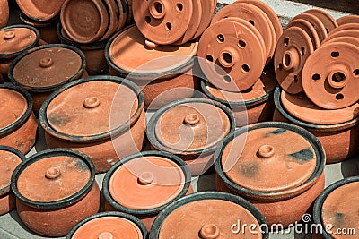 Traditional Anatolian clay pottery sold for sale in a shop at bazaar in Istanbul, Stock Photo