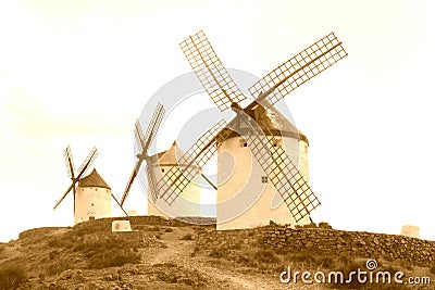 Traditional ancient windmills along the Don Quichot route, Consuegra, Spain Stock Photo