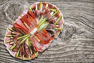 Traditional Appetizer Savory Garnished Dish Set On Old Weathered Cracked Wooden Picnic Table Grunge Surface Stock Photo