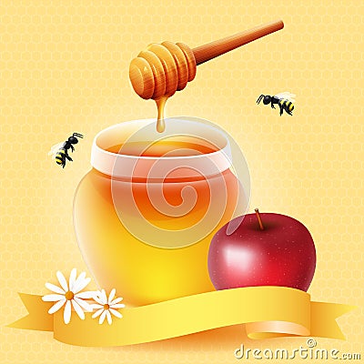 Traditional apple and honey. Design for Jewish New Year. Vector Illustration