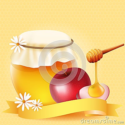 Traditional apple slice and honey. Vector Illustration