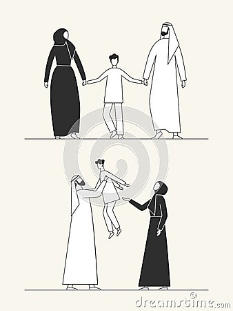 Traditional Arab family, Muslim culture. Man, woman and child. Flat illustration Cartoon Illustration