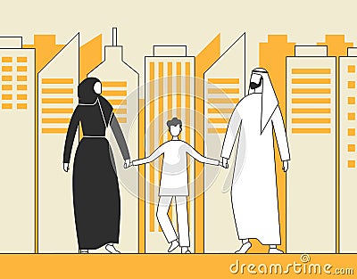 Traditional Arab family, Muslim man, woman and child walking on the background of city skyscrapers. Flat vector illustration Vector Illustration