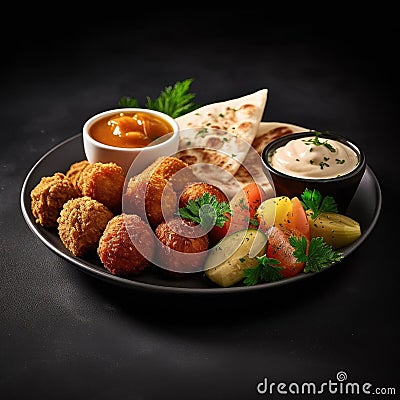 Traditional Arabian food with crispy falafel, pita bread, and sauces Stock Photo