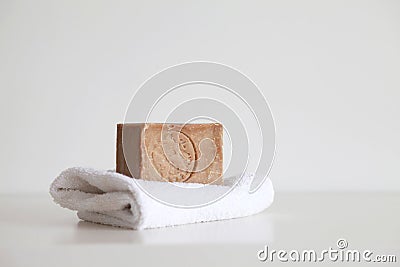 Aleppo soap in a white bathroom Stock Photo