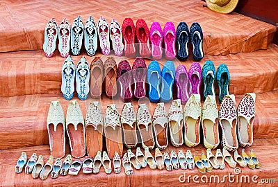 Traditional Arabic Shoes - multicolored, decorated with sequins, slippers or khussa jutti or babouches Stock Photo