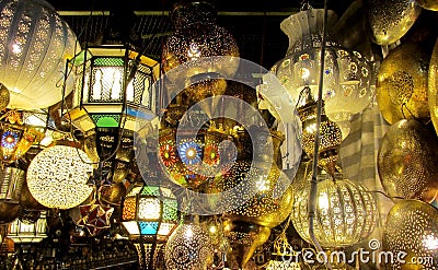 Traditional arabic style culorful lanterns at night market Stock Photo