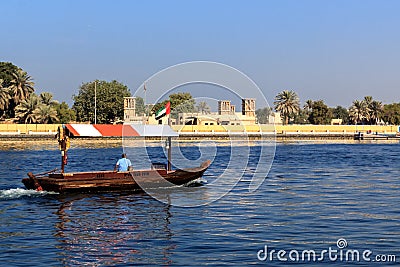 Traditional Arabic wooden boat for tourists skiing Editorial Stock Photo