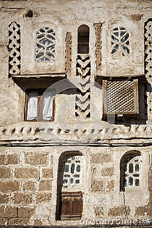 Traditional architecture details in sanaa old town buildings in yemen Stock Photo