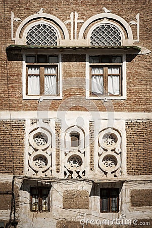 Traditional architecture details in sanaa old town buildings in yemen Stock Photo