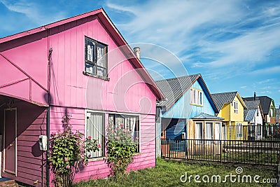 Traditional architecture houses in southern Chile - Castro, Chiloe Island, Chile Stock Photo