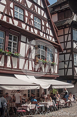 traditional architecture with terrace restaurant at little France quarter in Strasbourg Editorial Stock Photo