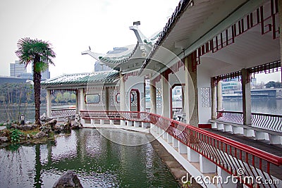 Traditional archtecture in the middle of lake of Yinchu Changfeng park Editorial Stock Photo