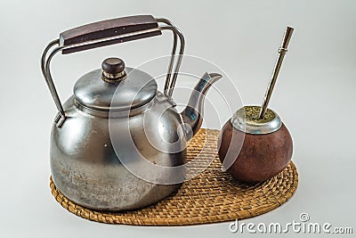 Traditional Argentinean Bevarage mate with kettle. Yerba Mate. B Stock Photo