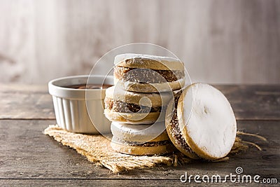 Traditional Argentinian alfajores with dulce de leche and sugar Stock Photo