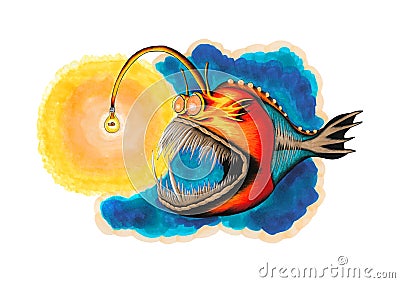 Colorful Anglerfish with Golden Fish inside Light Bulb Stock Photo