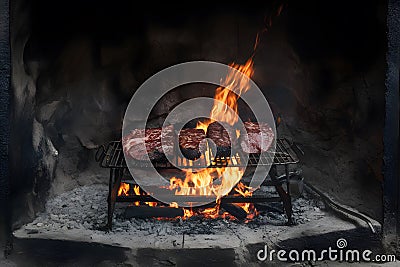 Traditional asado grilling in an ancient, rustic fireplace Stock Photo