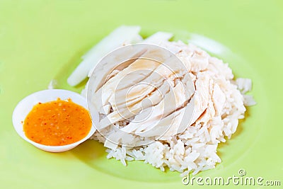 Traditional Asian Chinese Street Food: Khao Man Kai Kao Man Gai is Hainanese chicken rice, steamed chicken meat and white rice. Stock Photo