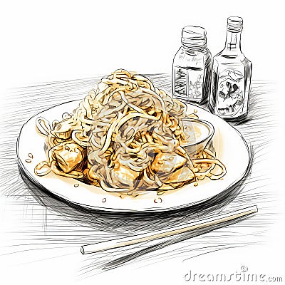 Traditional Asian Food: Chinese Fried Rice And Noodles With Chinese Sauce Cartoon Illustration