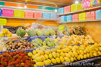 Traditional asian food market in Thailand, exotic fruits Stock Photo