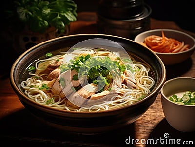 Traditional asian ramen noodle soup with sliced meat and vegetables. Stock Photo