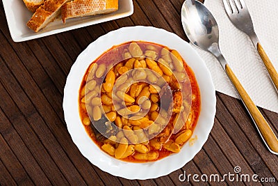 Asturian beans stew Fabada with pork, morcilla and chorizo Stock Photo