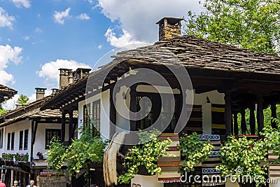 Traditional authentic houses with stone roofs in the Etar Architectural-Ethnographic Complex Editorial Stock Photo