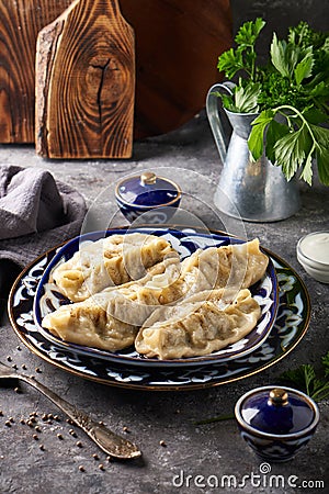 Traditional azian Manti, dumplings with minced meat Stock Photo