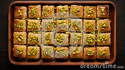 Traditional baklava assortment with pistachios from Turkey and the Arab world. sweets for Ramadan. above, wit Stock Photo