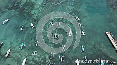 Traditional Balinese Fisher Boats at Sanur Beach, Bali, Indonesia. Drone`s view - Image Stock Photo