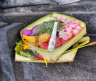 Traditional balinese morning offerings canang sari, Indonesia Stock Photo